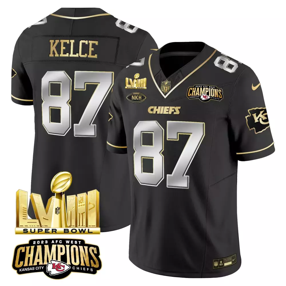 Travis Kelce Black Limited Men's Kansas City Chiefs AFC West Champions Super Bowl LVIII Jersey | Stitched Gold Vapor Edition | Fan Gear for Men, Women & Youth