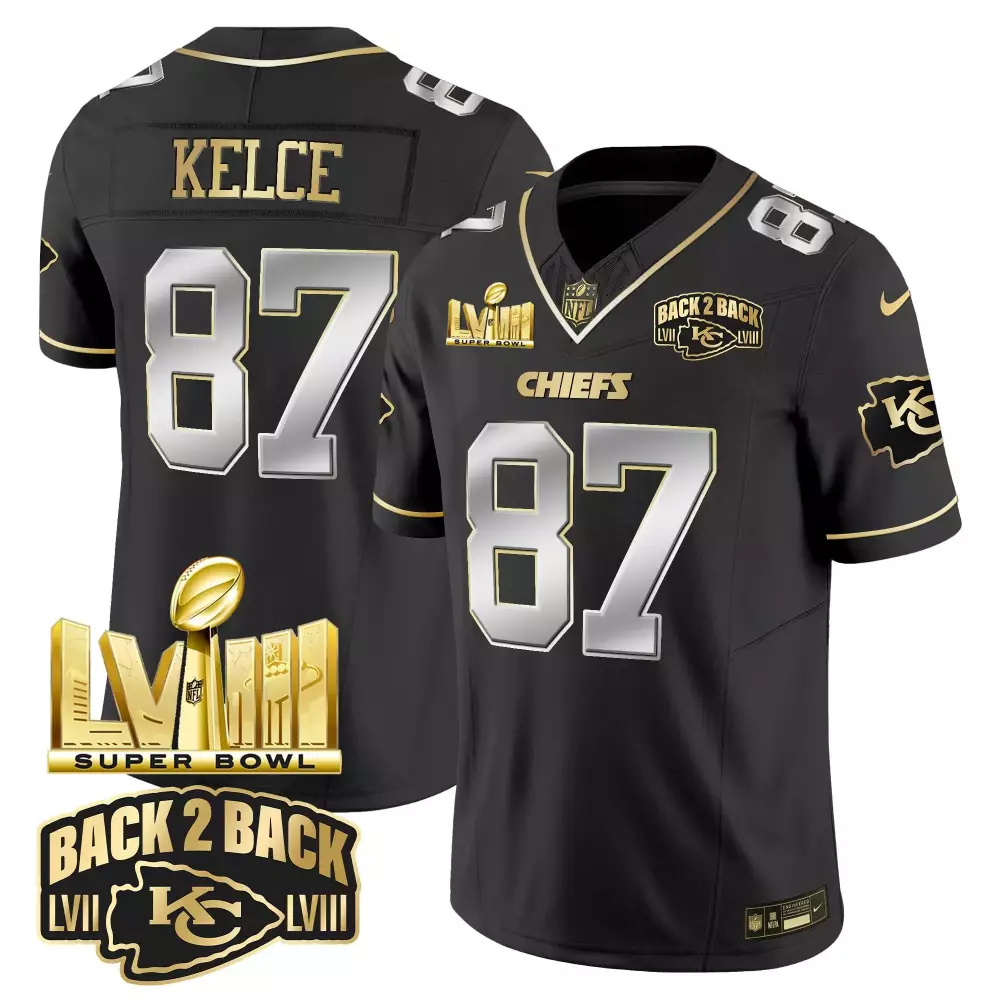 travis kelce black limited mens kansas city chiefs super bowl lviii back 2 back gold patch vapor jersey v2 all stitched
