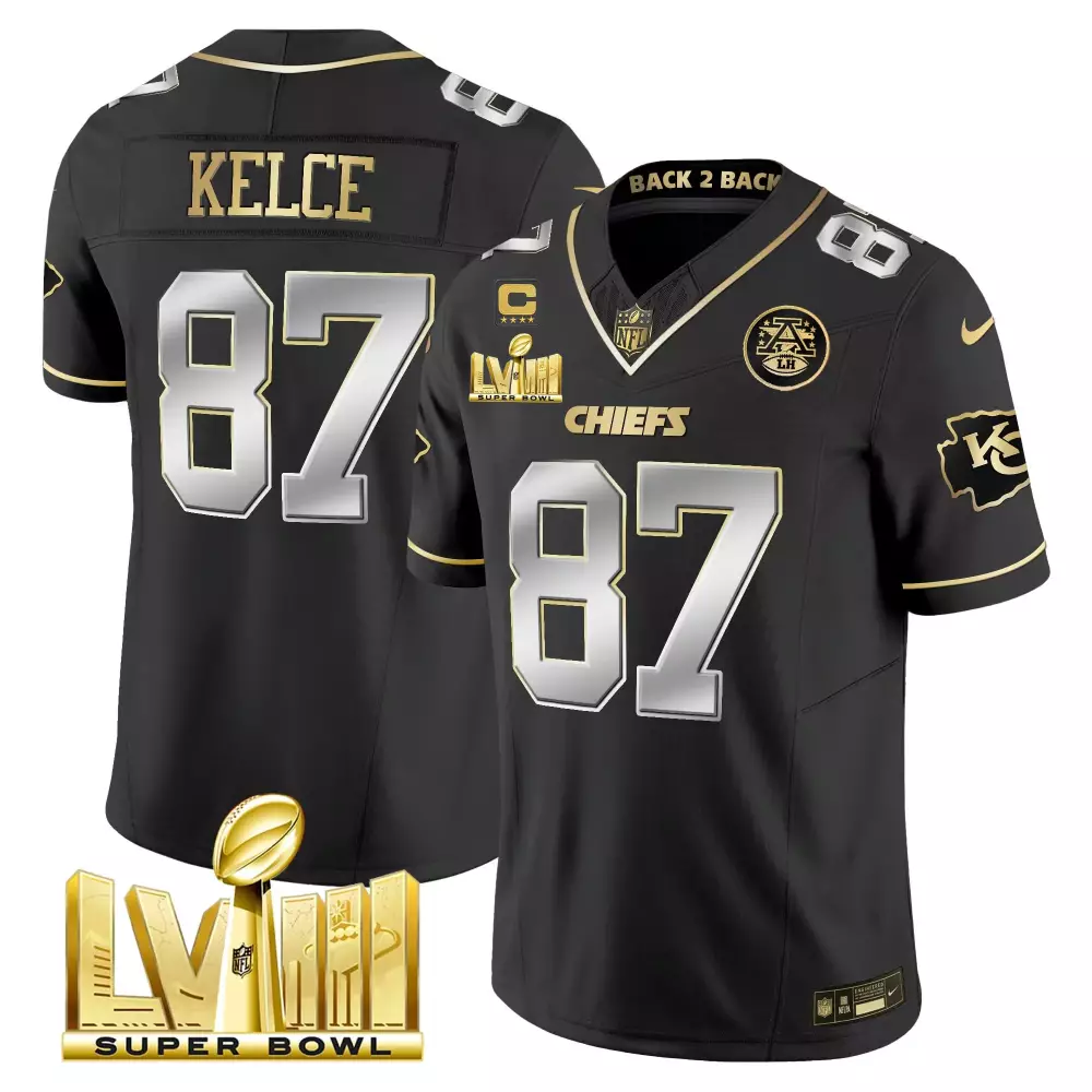travis kelce black limited mens kansas city chiefs super bowl lviii back 2 back gold patch vapor jersey v2 all stitched