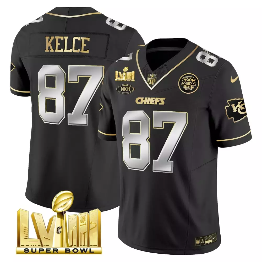 travis kelce black limited mens kansas city chiefs super bowl lviii back 2 back gold patch vapor jersey v2 all stitched