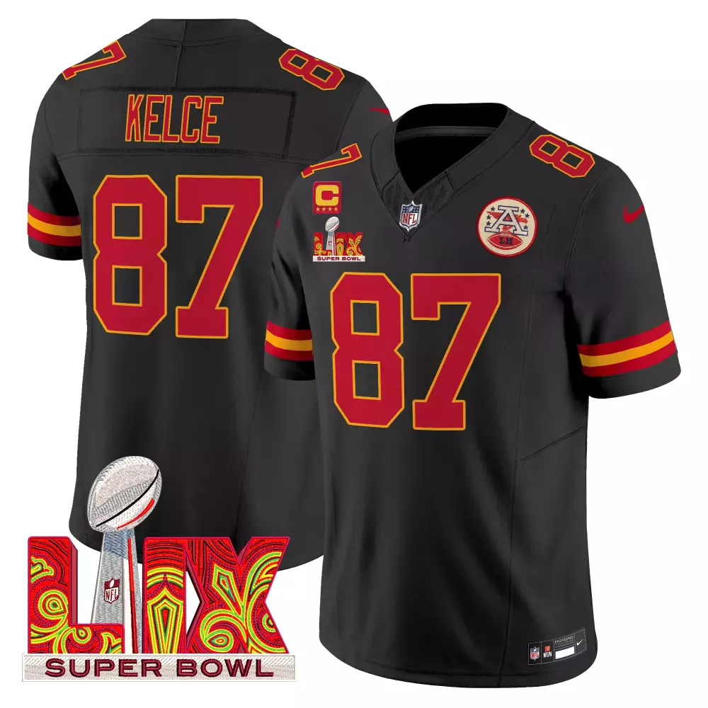 Travis Kelce Kansas City Chiefs Men's Black Super Bowl LIX Style 2024 AFC West Champions Patch Vapor Jersey | Stitched Fan Gear | For Men