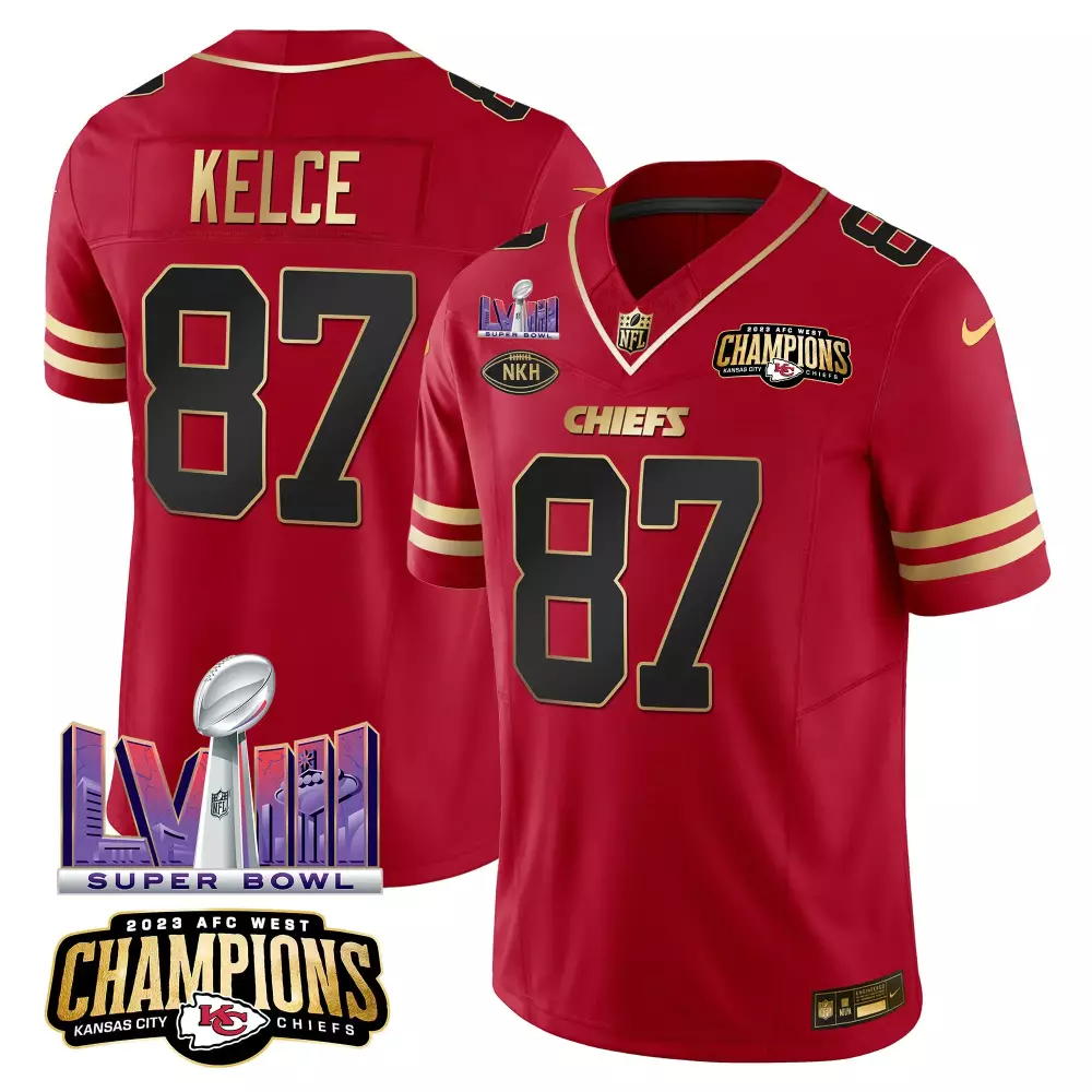 Travis Kelce AFC West Champions Super Bowl LVIII Gold Patch Vapor Jersey | Black & Red Stitched | Limited Edition Fan Gear | For Men, Women & Youth