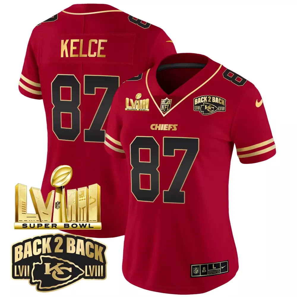 Travis Kelce Super Bowl LVIII Back 2 Back Gold Patch Vapor Jersey | Black & Red Stitched | Limited Edition Fan Gear | For Men, Women & Youth