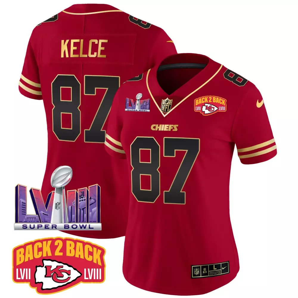 Travis Kelce Super Bowl LVIII Back 2 Back Gold Patch Vapor Jersey | Black & Red Stitched | Limited Edition Fan Gear | For Men, Women & Youth
