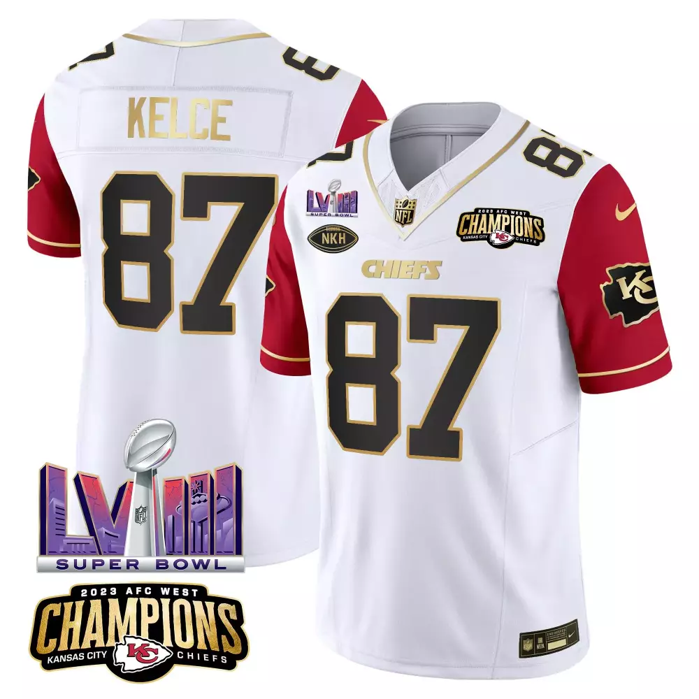 Travis Kelce Men's Kansas City Chiefs AFC West Champions Super Bowl LVIII Color Sleeves Jersey V2 | Stitched Vapor | Limited Edition Fan Gear | For Men, Women & Youth