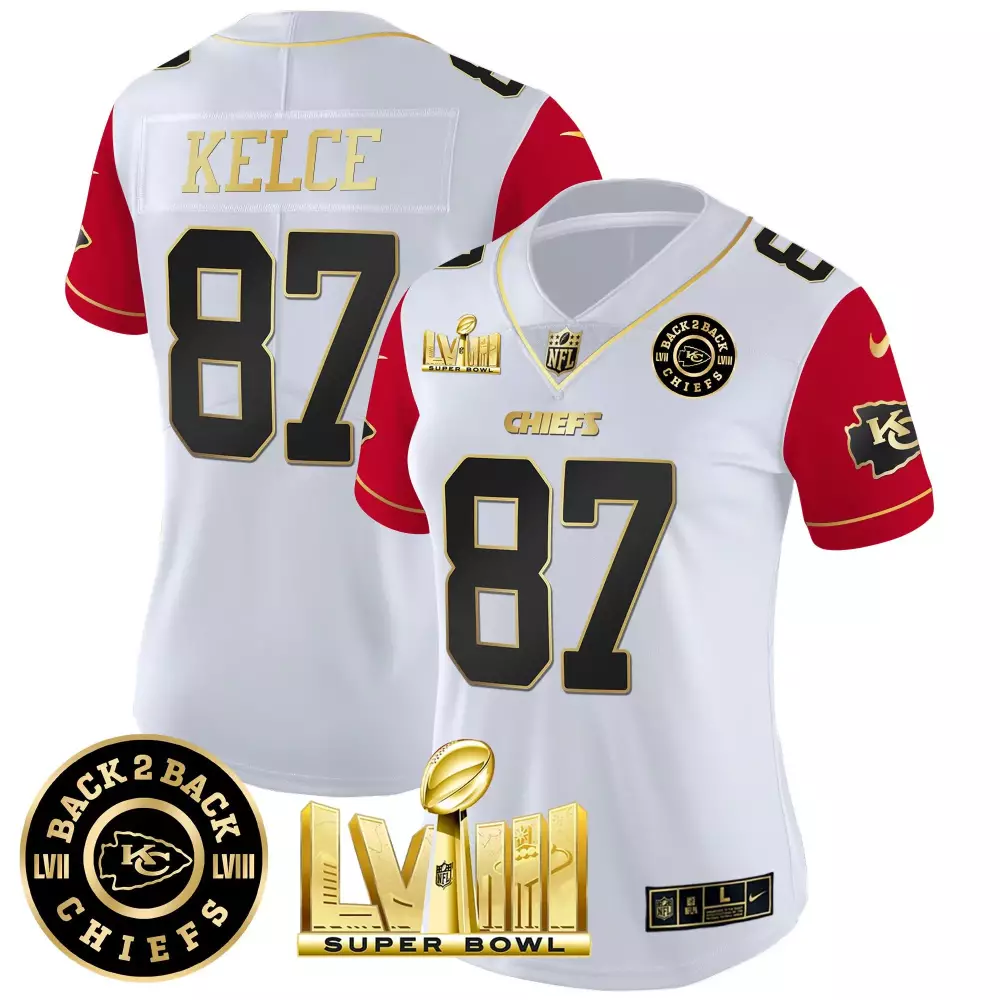travis kelce color sleeves womens kansas city chiefs super bowl lviii back 2 back patch vapor jersey v4 all stitched
