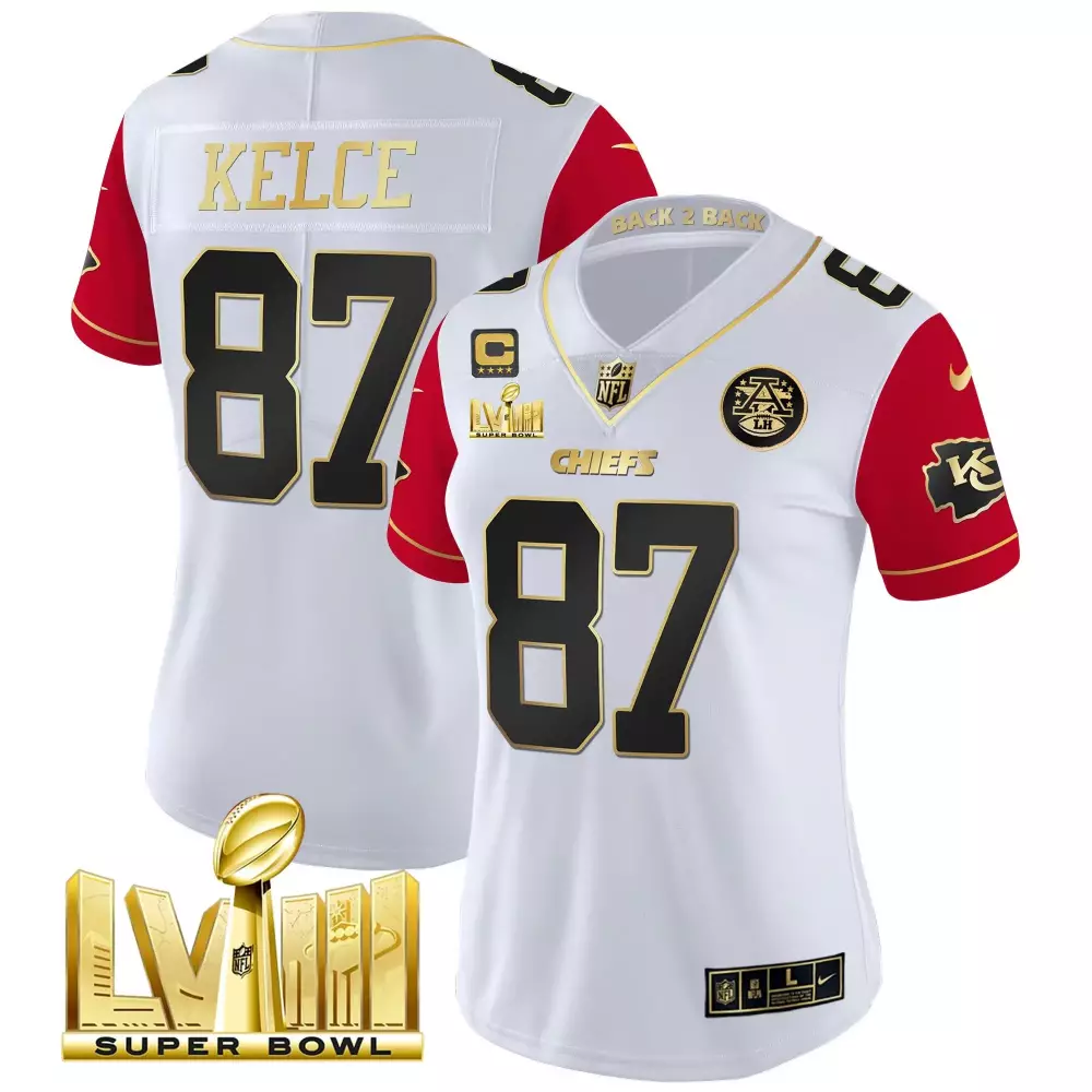 travis kelce color sleeves womens kansas city chiefs super bowl lviii back 2 back patch vapor jersey v4 all stitched