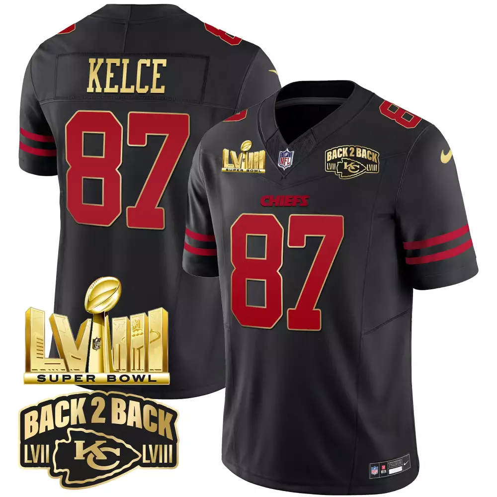 Travis Kelce Kansas City Chiefs Super Bowl LVIII Back 2 Back Gold Jersey | Stitched White & Gold | Limited Edition Fan Gear | For Men, Women & Youth