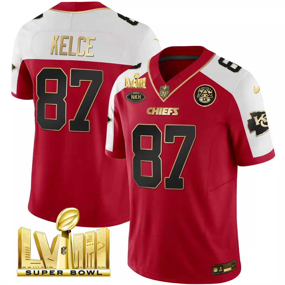 Travis Kelce Kansas City Chiefs 2025 Red Alternate Gold Patch Vapor Jersey V2 | Stitched Super Bowl LVIII Fan Gear | For Men, Women & Youth