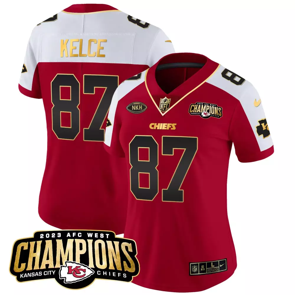 travis kelce red alternate womens kansas city chiefs 2023 afc west champions patch vapor limited jersey all stitched