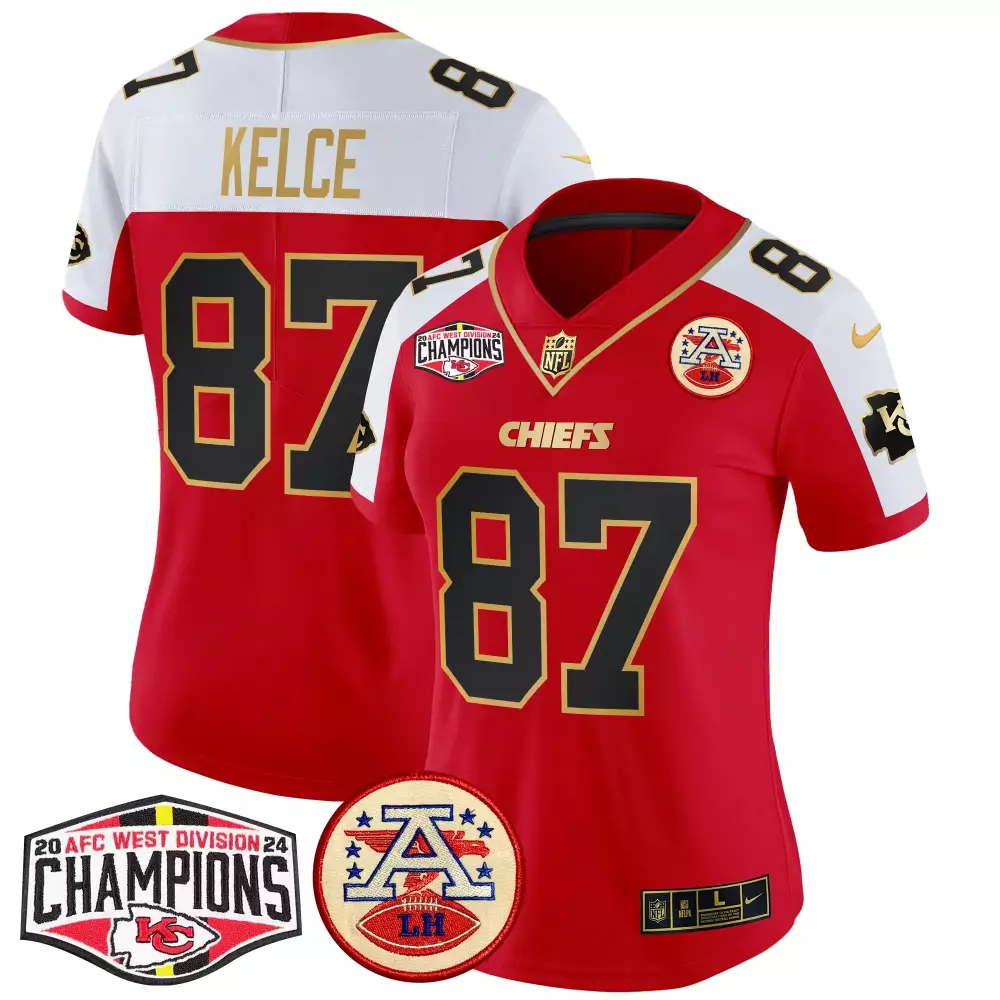 travis kelce red alternate womens kansas city chiefs 2023 afc west champions patch vapor limited jersey all stitched