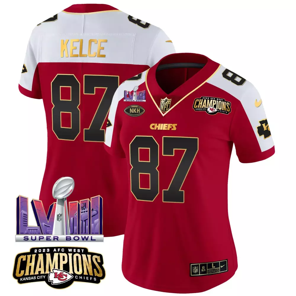 travis kelce red alternate womens kansas city chiefs 2023 afc west champions patch vapor limited jersey all stitched