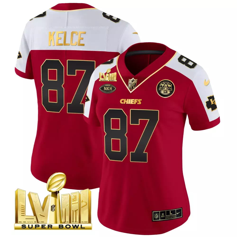 travis kelce red alternate womens kansas city chiefs super bowl lviii gold patch vapor jersey v2 all stitched