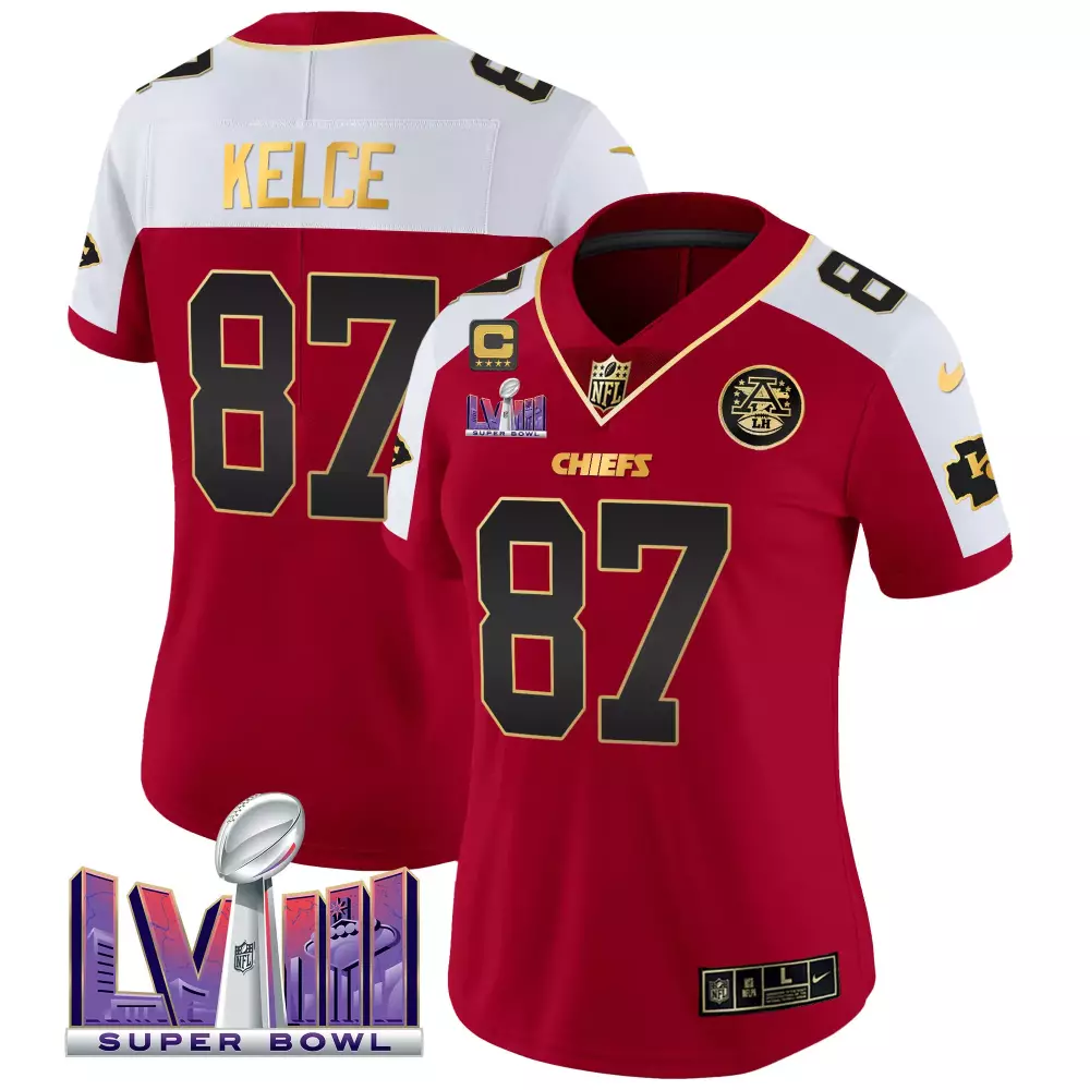 travis kelce red alternate womens kansas city chiefs super bowl lviii gold patch vapor jersey v2 all stitched
