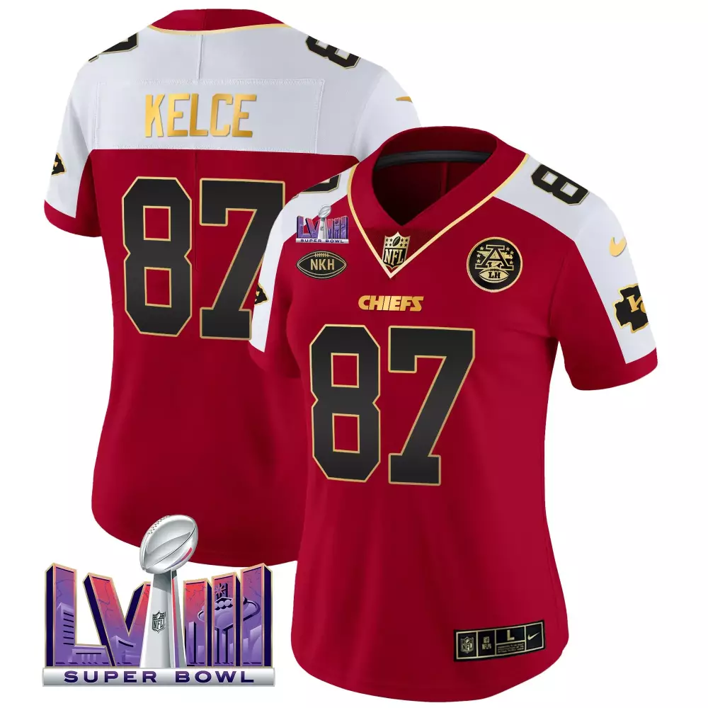 travis kelce red alternate womens kansas city chiefs super bowl lviii gold patch vapor jersey v2 all stitched