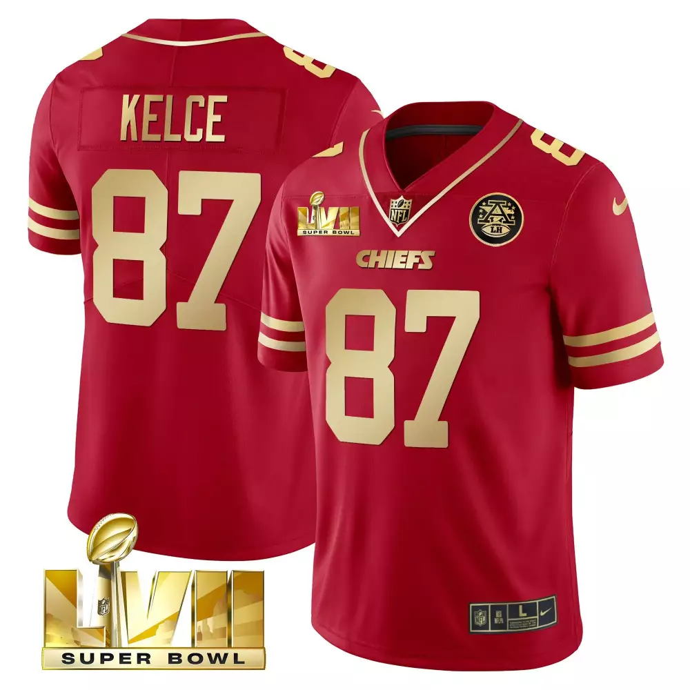 Travis Kelce Kansas City Chiefs 2023 Men's Red Gold Super Bowl LVII Red Gold Vapor Jersey | Stitched Fan Gear | For Men, Women & Youth
