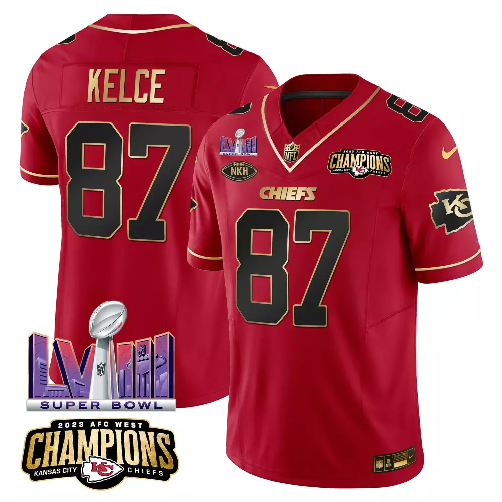 travis kelce red special mens kansas city chiefs afc west champions super bowl lviii gold patch vapor jersey all stitche
