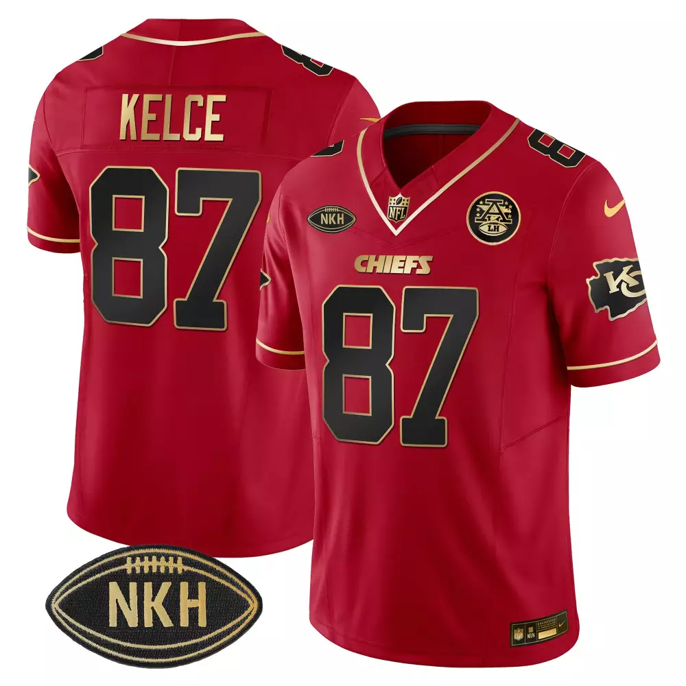 travis kelce red special mens kansas city chiefs afc west champions super bowl lviii gold patch vapor jersey all stitche