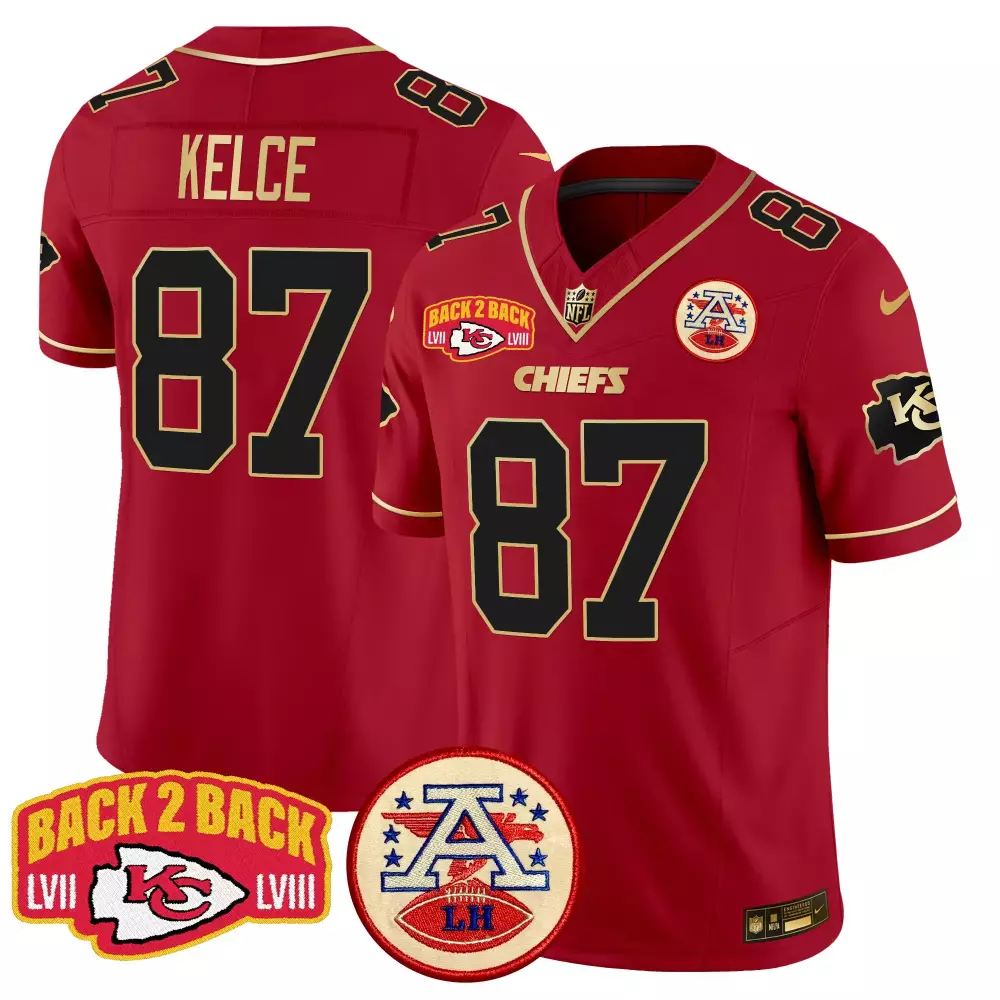 travis kelce red special mens kansas city chiefs afc west champions super bowl lviii gold patch vapor jersey all stitche