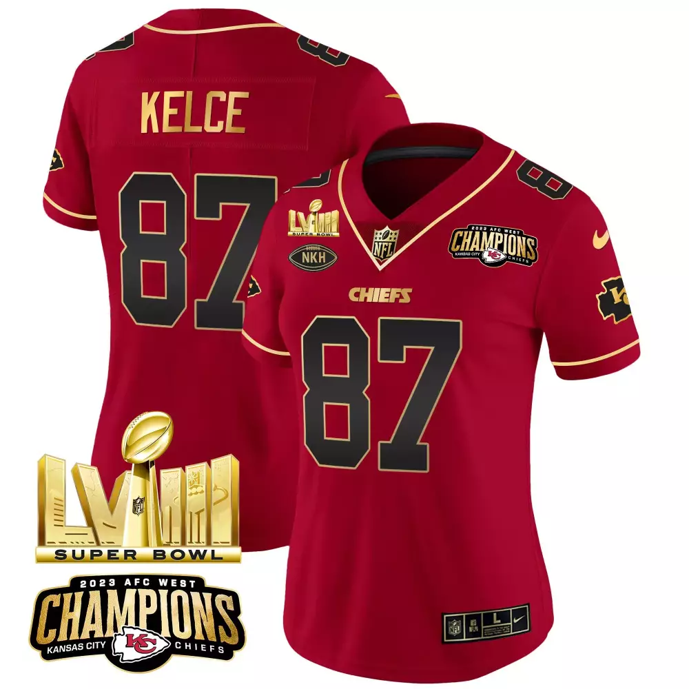 Travis Kelce Kansas City Chiefs AFC West Champions Super Bowl LVIII Gold Patch Vapor Jersey | Stitched | Fan Gear for Women