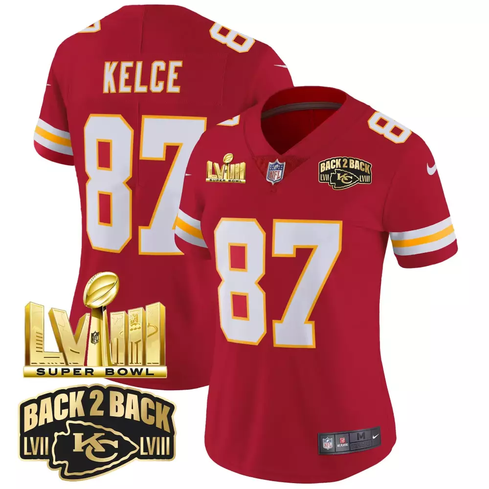 travis kelce red womens kansas city chiefs super bowl lviii back 2 back gold patch vapor jersey all stitched