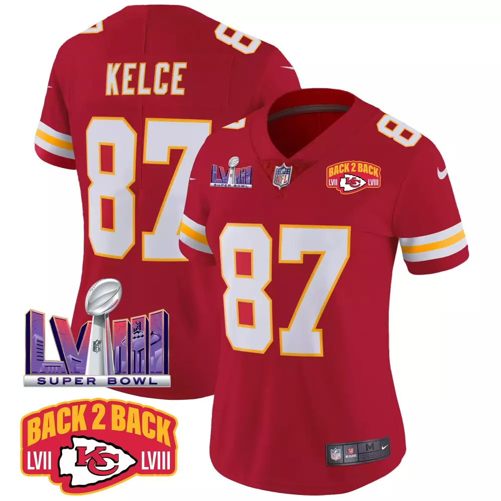 travis kelce red womens kansas city chiefs super bowl lviii back 2 back gold patch vapor jersey all stitched