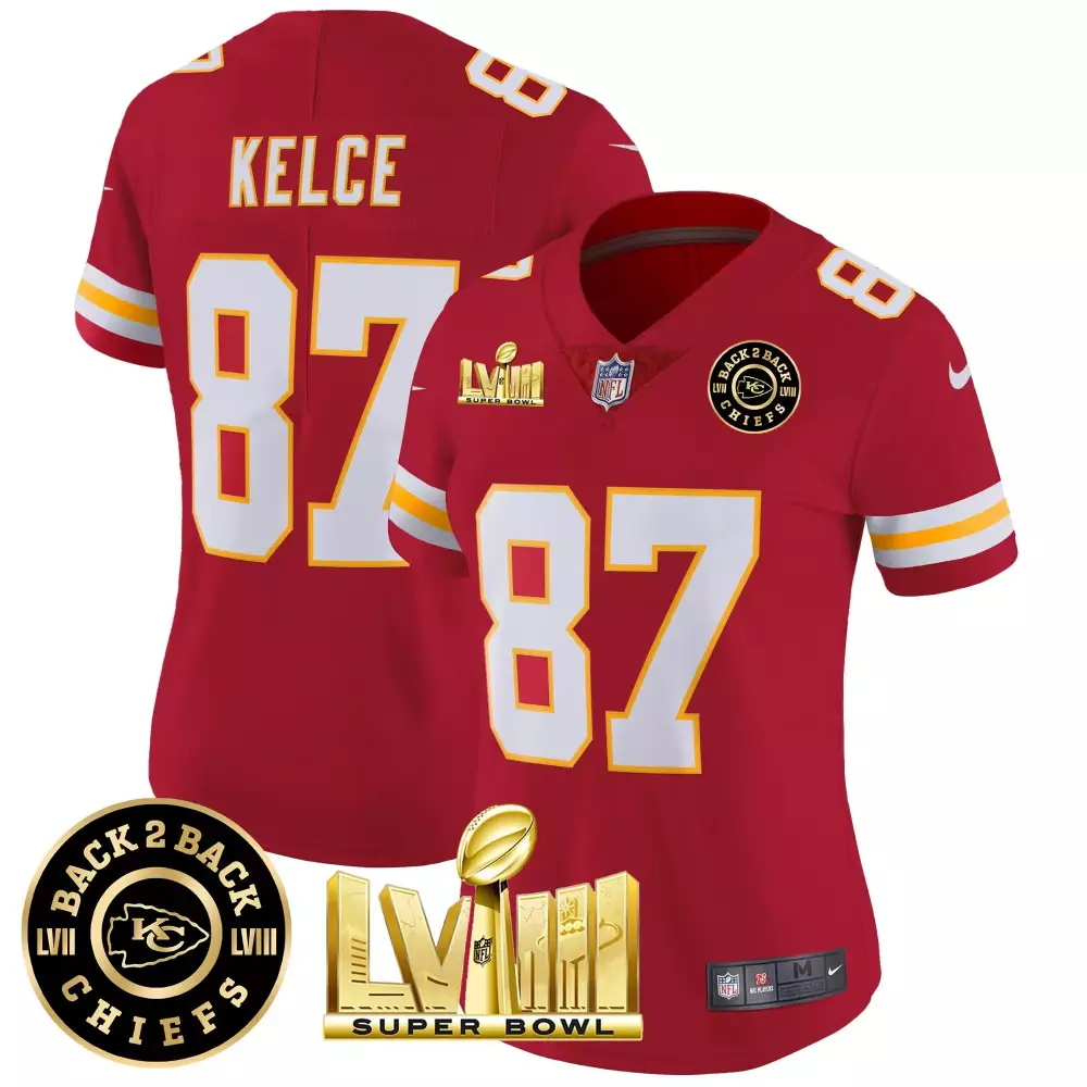 travis kelce red womens kansas city chiefs super bowl lviii back 2 back gold patch vapor jersey all stitched