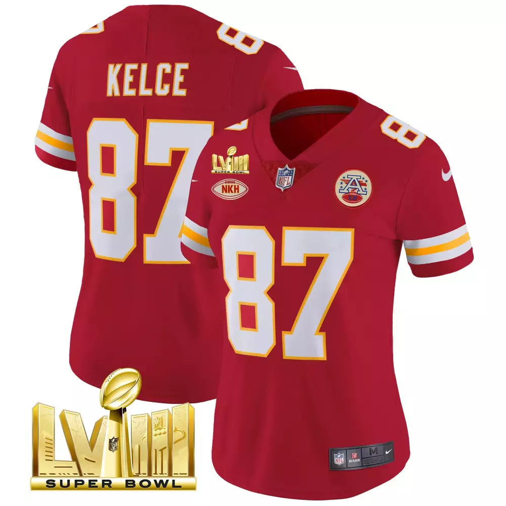 travis kelce red womens kansas city chiefs super bowl lviii back 2 back gold patch vapor jersey all stitched