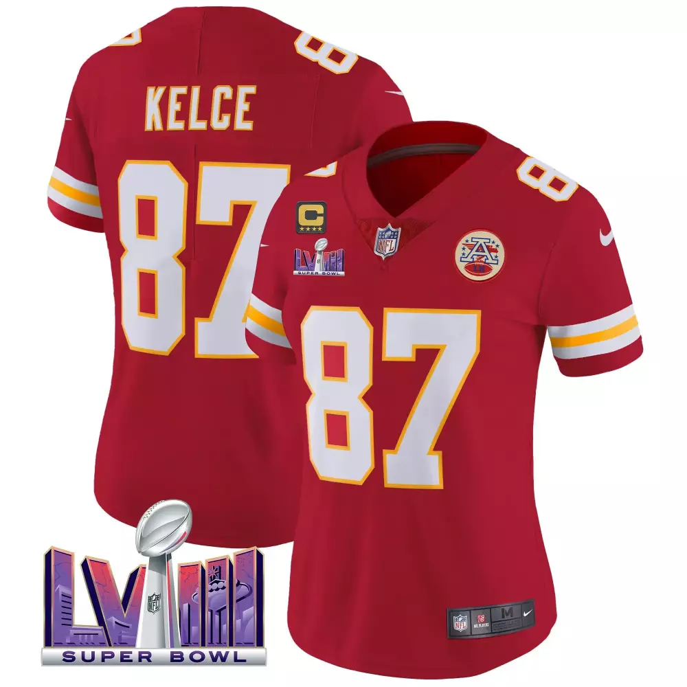 Travis Kelce Red Women's Kansas City Chiefs Super Bowl LVIII Jersey | Stitched Gold Patch Vapor | Limited Edition Fan Gear | For Men, Women & Youth