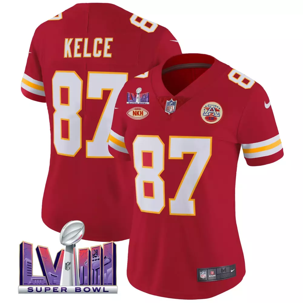 Travis Kelce Red Women's Kansas City Chiefs Super Bowl LVIII Jersey | Stitched Gold Patch Vapor | Limited Edition Fan Gear | For Men, Women & Youth