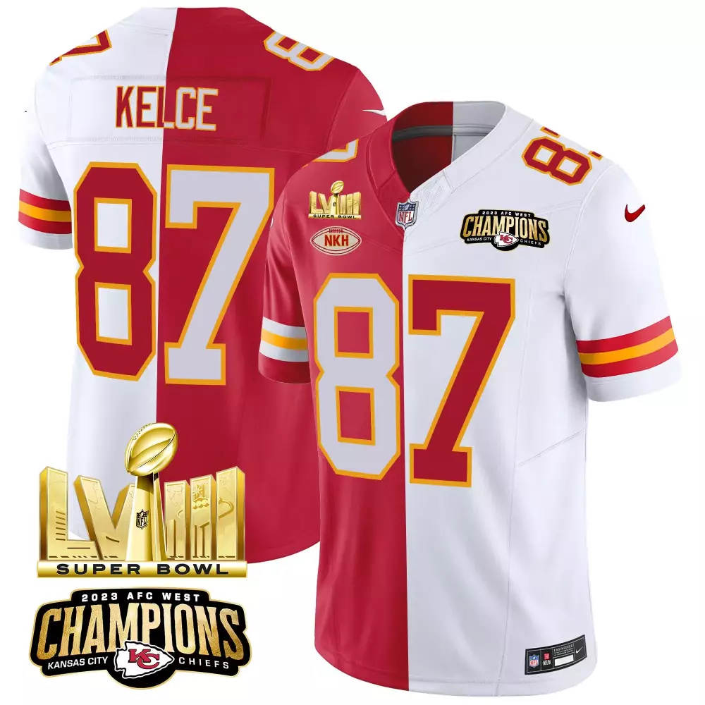 Travis Kelce Split Men's Kansas City Chiefs Super Bowl LVIII Jersey | Stitched Gold Patch Vapor V2 | Limited Edition Fan Gear | For Men, Women & Youth