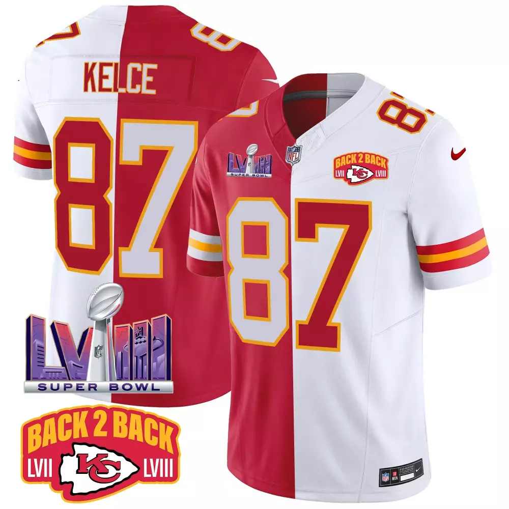 travis kelce split mens kansas city chiefs super bowl lviii back 2 back gold patch vapor jersey v5 all stitched