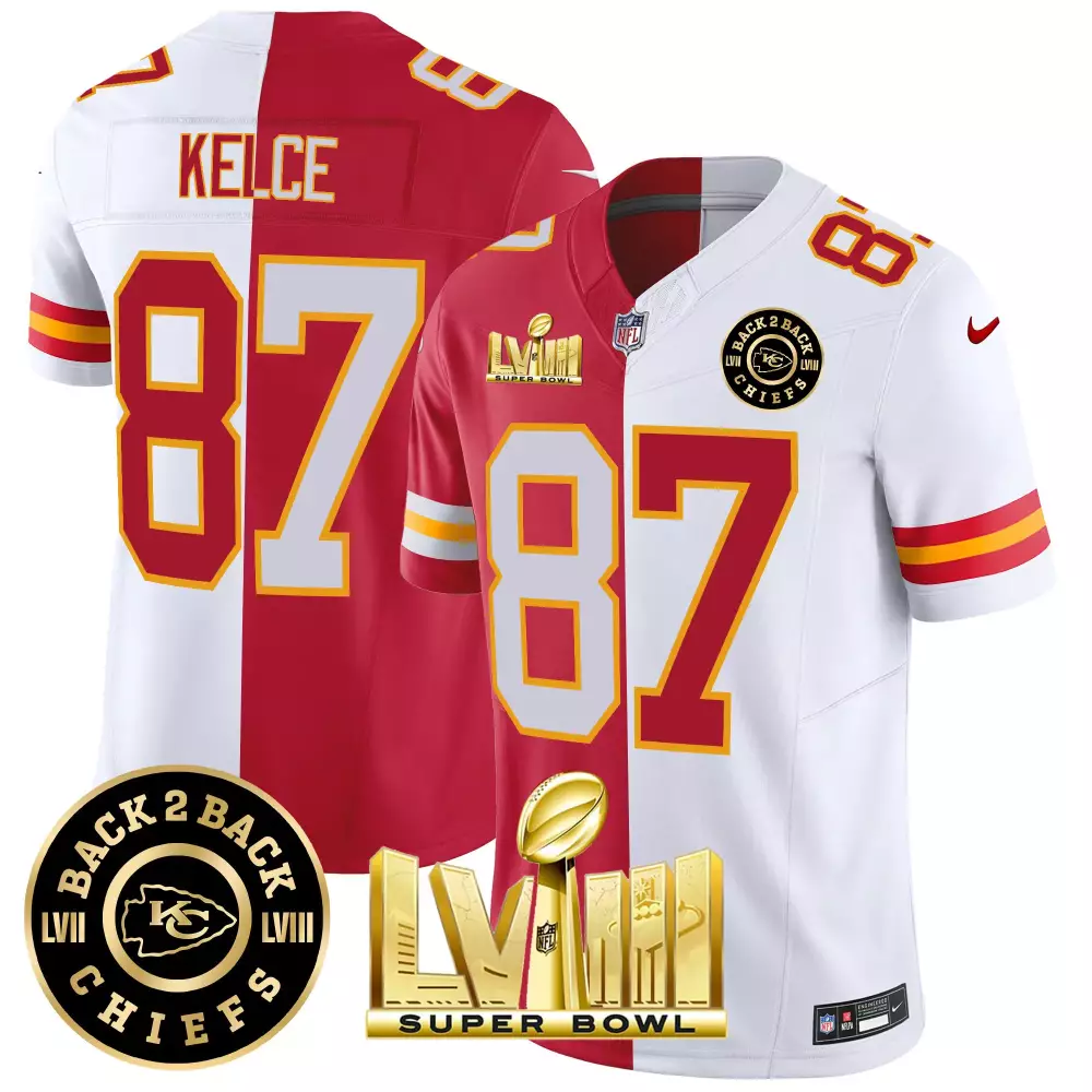 travis kelce split mens kansas city chiefs super bowl lviii back 2 back gold patch vapor jersey v5 all stitched
