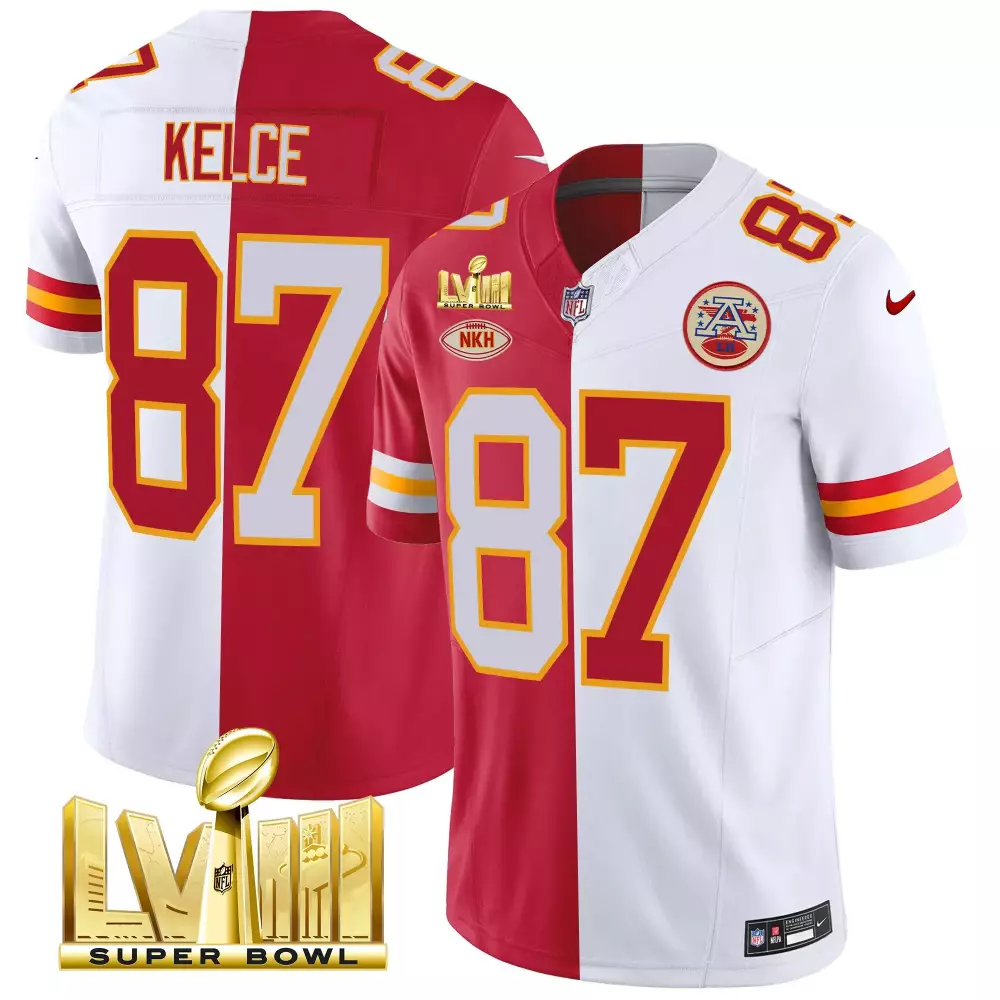 travis kelce split mens kansas city chiefs super bowl lviii back 2 back gold patch vapor jersey v5 all stitched