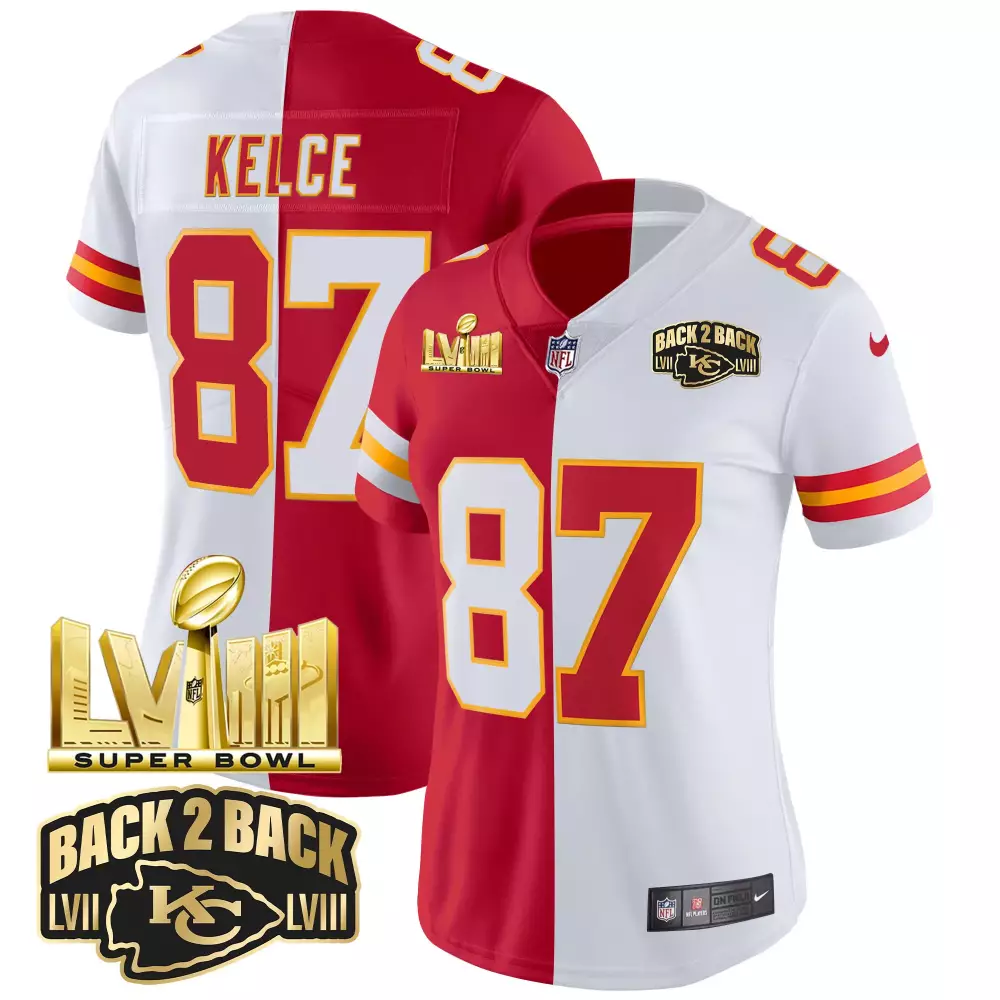 travis kelce split womens kansas city chiefs super bowl lviii back 2 back gold patch vapor jersey v2 all stitched