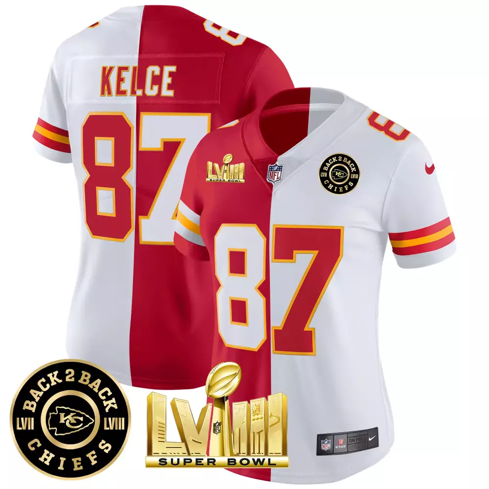 travis kelce split womens kansas city chiefs super bowl lviii back 2 back gold patch vapor jersey v2 all stitched