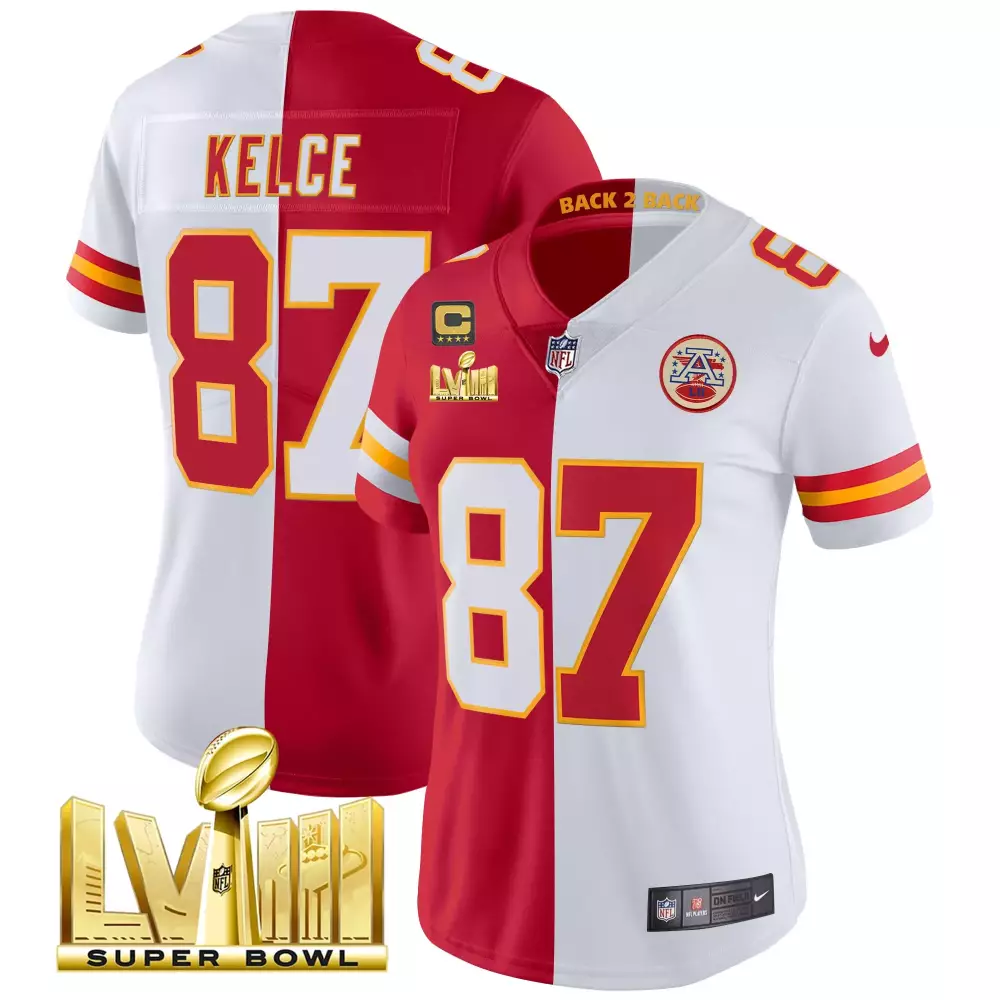 travis kelce split womens kansas city chiefs super bowl lviii back 2 back gold patch vapor jersey v2 all stitched