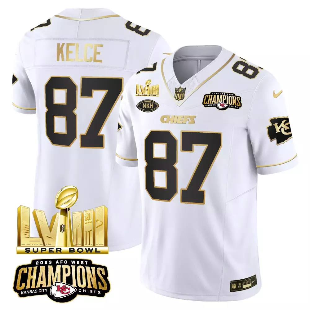 travis kelce white gold mens kansas city chiefs afc west champions super bowl lviii gold patch vapor jersey v2 all stitc