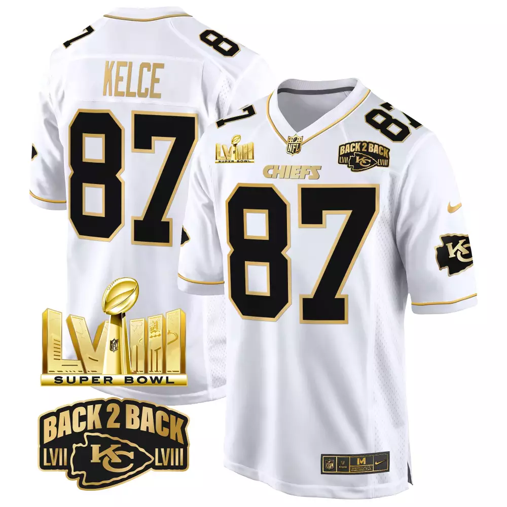 travis kelce white gold mens kansas city chiefs super bowl lviii back 2 back gold game jersey all stitched
