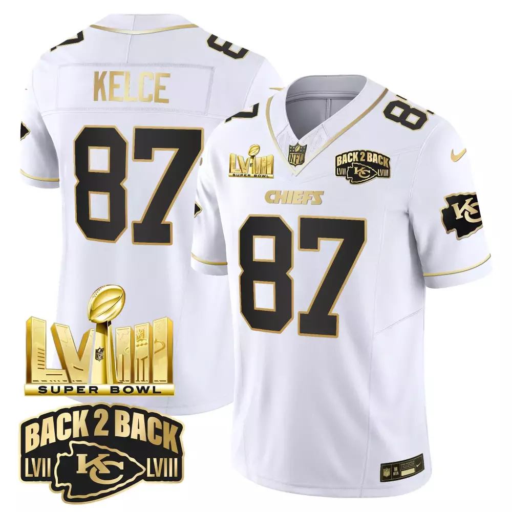 travis kelce white gold mens kansas city chiefs super bowl lviii back 2 back gold game jersey all stitched
