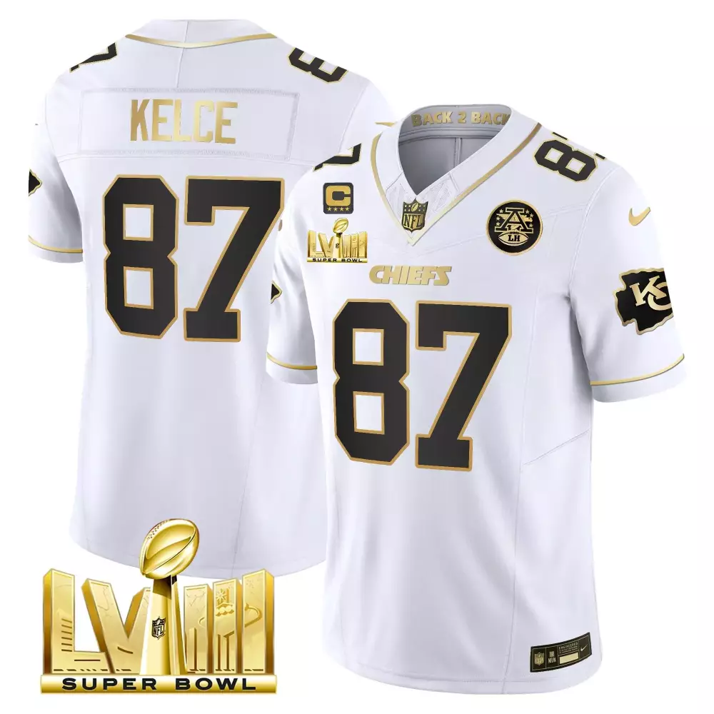 travis kelce white gold mens kansas city chiefs super bowl lviii back 2 back gold game jersey all stitched