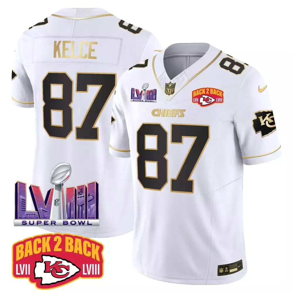 travis kelce white gold mens kansas city chiefs super bowl lviii back 2 back gold game jersey all stitched