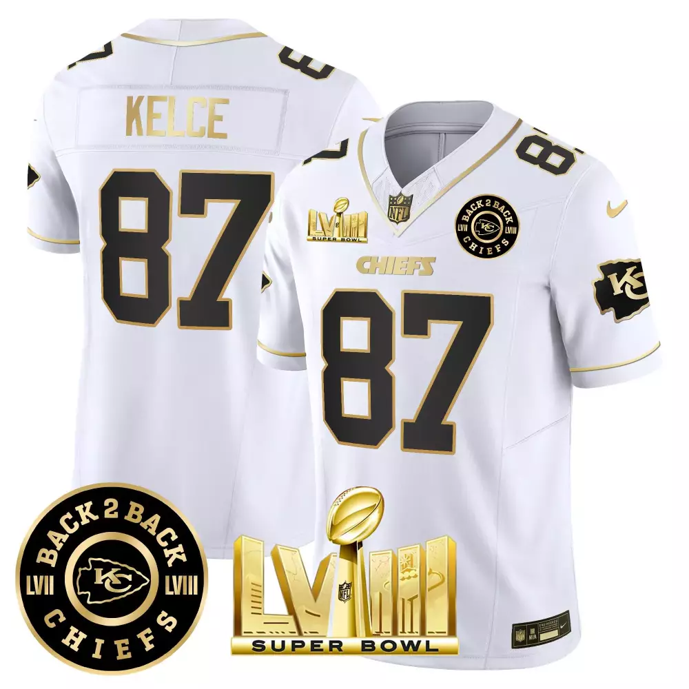 travis kelce white gold mens kansas city chiefs super bowl lviii back 2 back gold game jersey all stitched