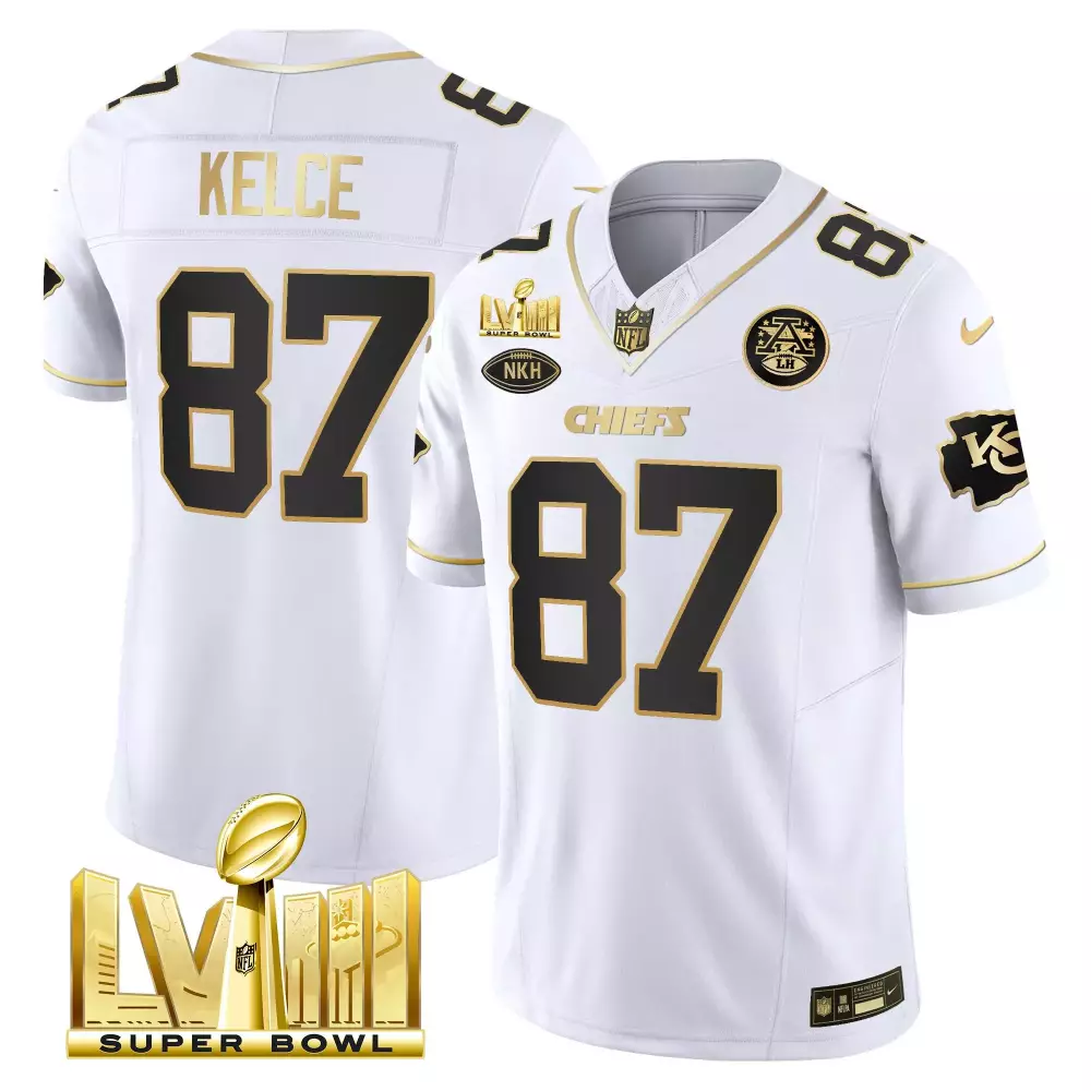 travis kelce white gold mens kansas city chiefs super bowl lviii gold patch vapor jersey v3 all stitched
