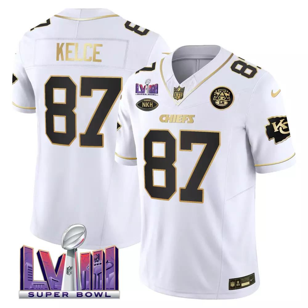 Travis Kelce Kansas City Chiefs Super Bowl LVIII Patch Vapor Jersey V3 | Stitched White & Gold | Limited Edition Fan Gear | For Men, Women & Youth