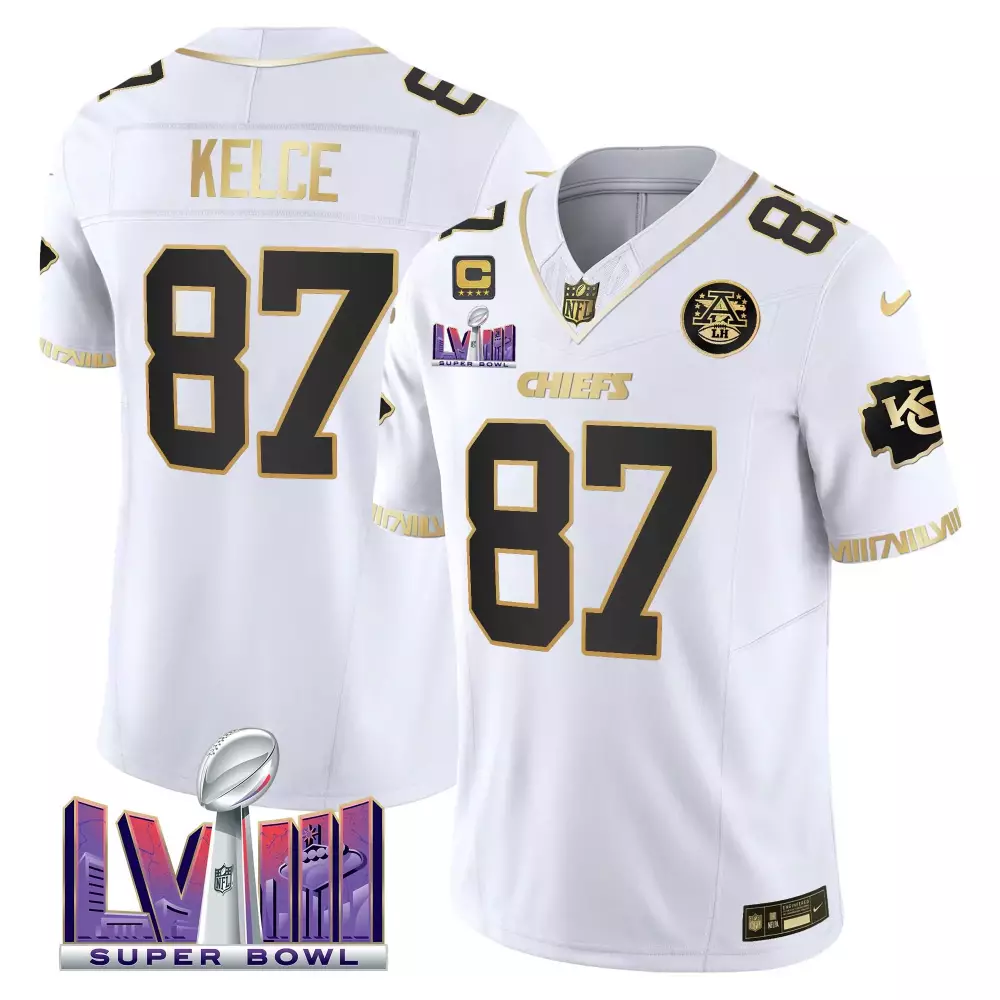 travis kelce white gold mens kansas city chiefs super bowl lviii pattern vapor jersey all stitched