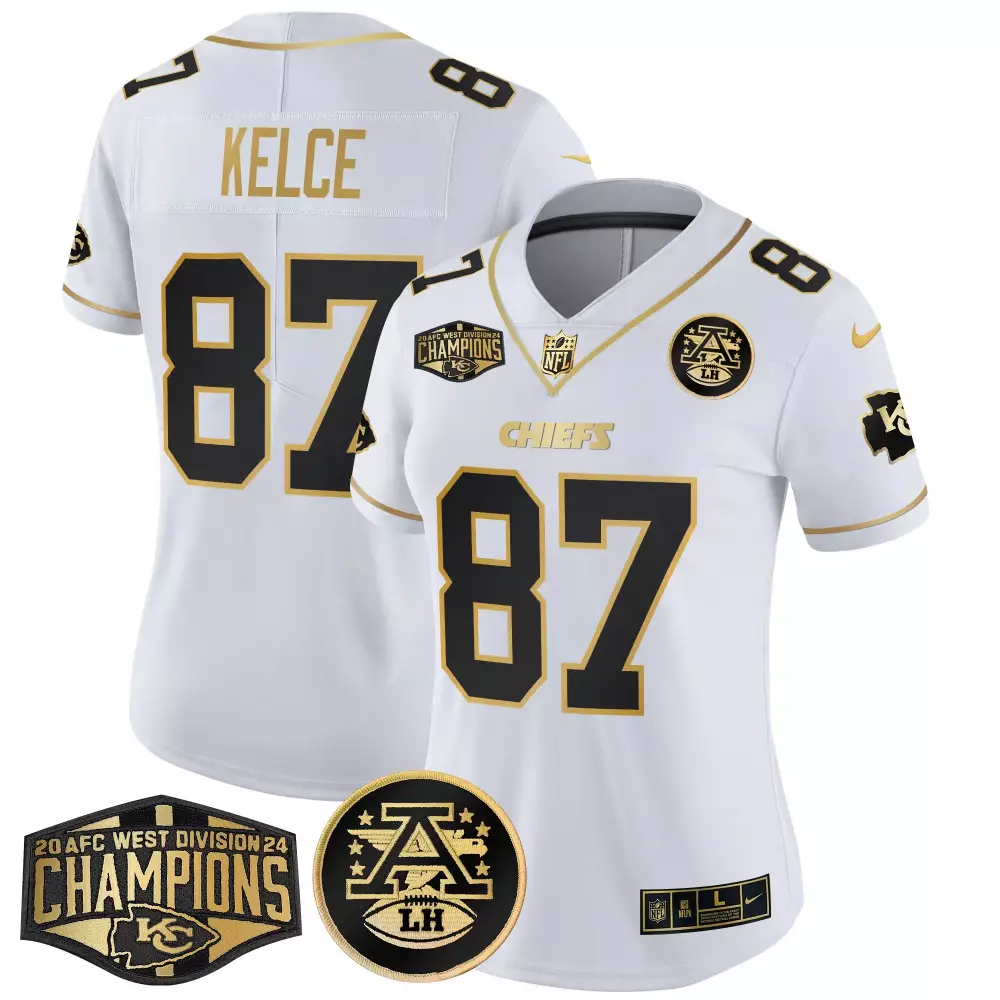 travis kelce white gold womens kansas city chiefs 2024 afc west division champions patch gold vapor limited jersey all s