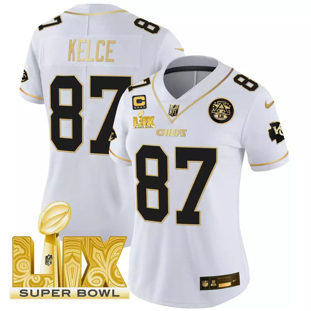 travis kelce white gold womens kansas city chiefs 2024 afc west division champions patch gold vapor limited jersey all s