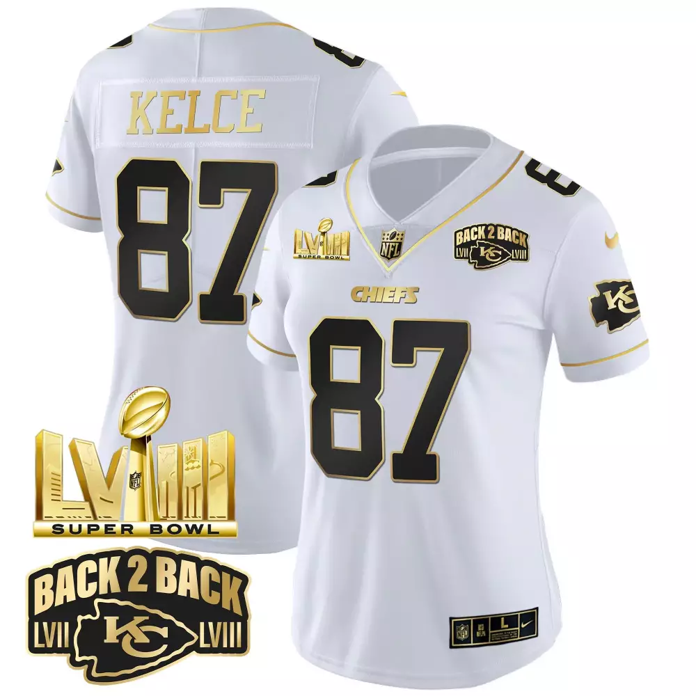 travis kelce white gold womens kansas city chiefs 2024 afc west division champions patch gold vapor limited jersey all s