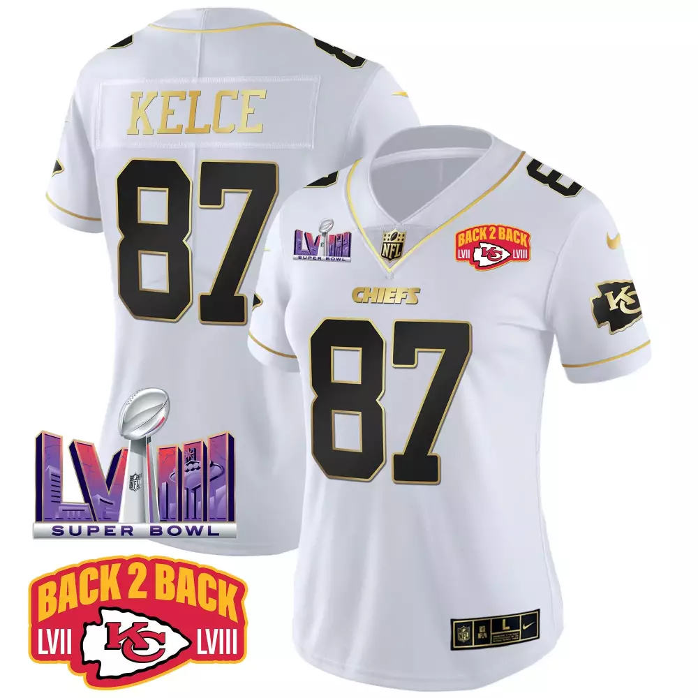 travis kelce white gold womens kansas city chiefs 2024 afc west division champions patch gold vapor limited jersey all s